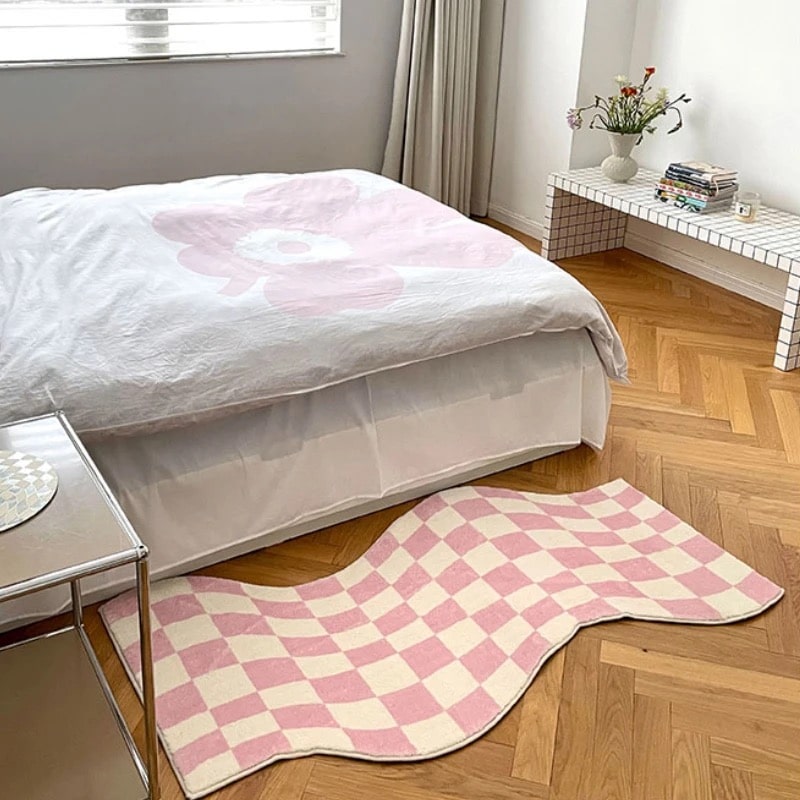 Curvy edge pastel checker rug, a retro-inspired addition to your Y2K bedroom decor.