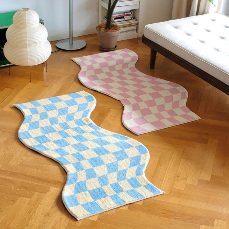 Retro-style pastel checker rug with curvy edges, perfect for a nostalgic bedroom aesthetic.