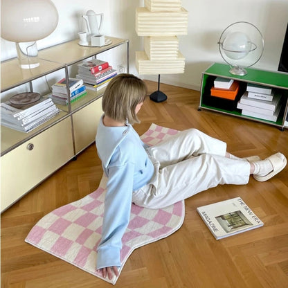 Pastel checker rug featuring a retro curvy edge design, ideal for Y2K bedroom aesthetics.