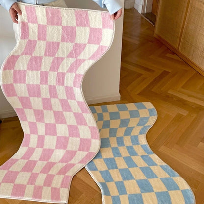 Chic pastel checker rug with curvy edges, enhancing your retro-inspired bedroom decor.