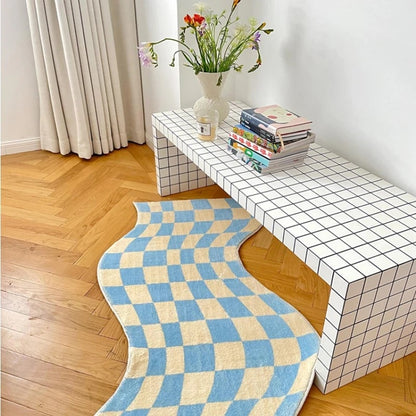 Y2K bedroom aesthetic decor essential: Curvy edge pastel checker rug for a trendy look.