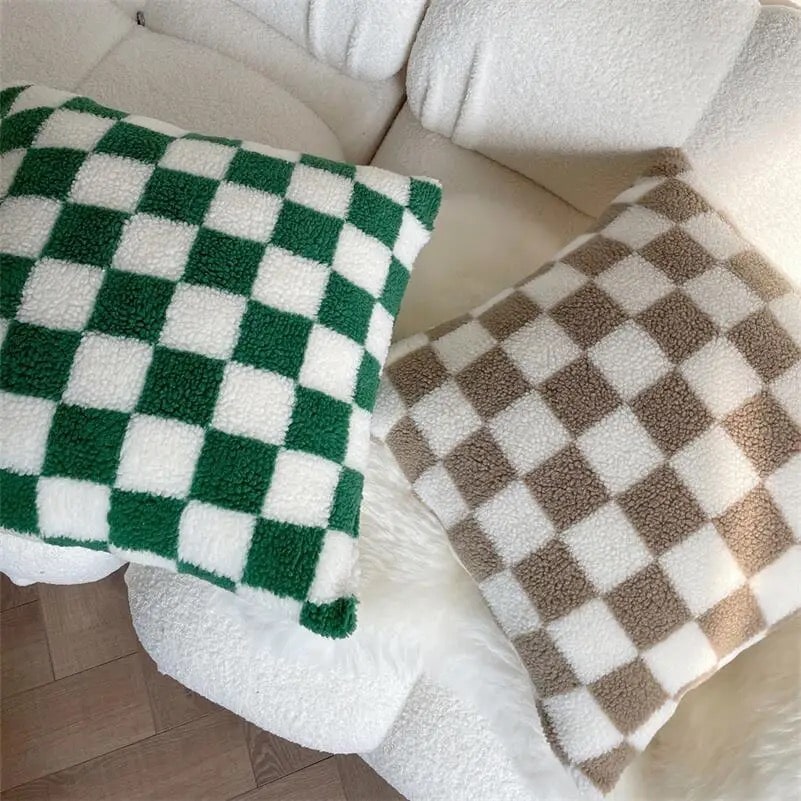 Green lamb fleece checkerboard pillow cushion cover, perfect for enhancing retro-themed living spaces.