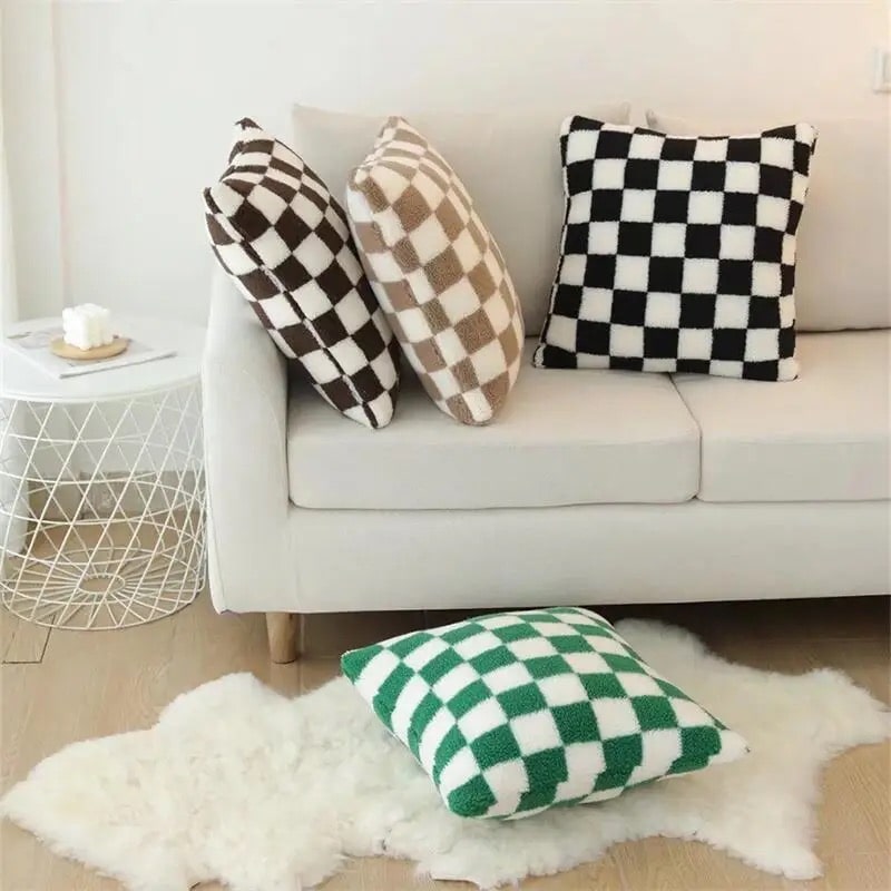 Brown lamb fleece checkerboard pillow cushion cover, ideal for adding warmth and texture to retro decor.