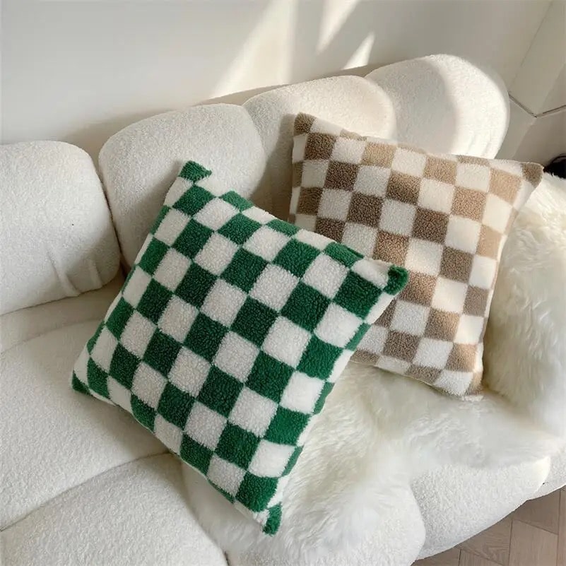Retro plaid lamb fleece pillow cushion cover in gren, elevating the cozy appeal of sofa decor.