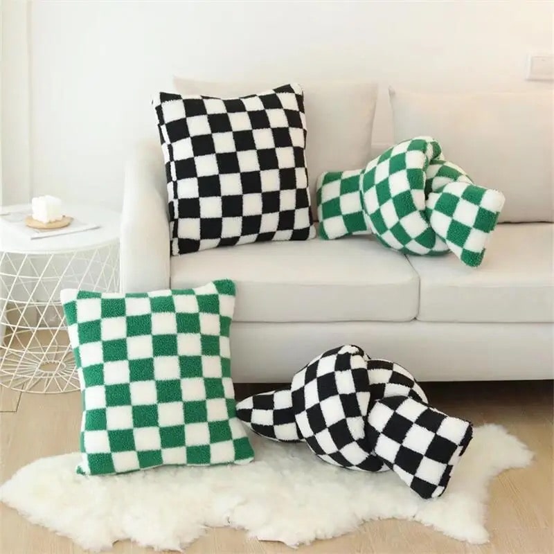 Black lamb fleece checkerboard pillow cushion cover, adding a classic retro accent to sofa decor.
