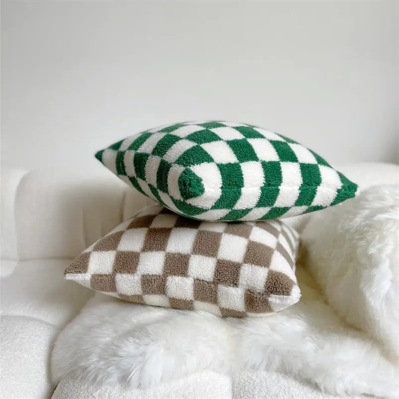 Brown lamb fleece checkerboard pillow cushion cover, adding a cozy retro touch to sofa decor.