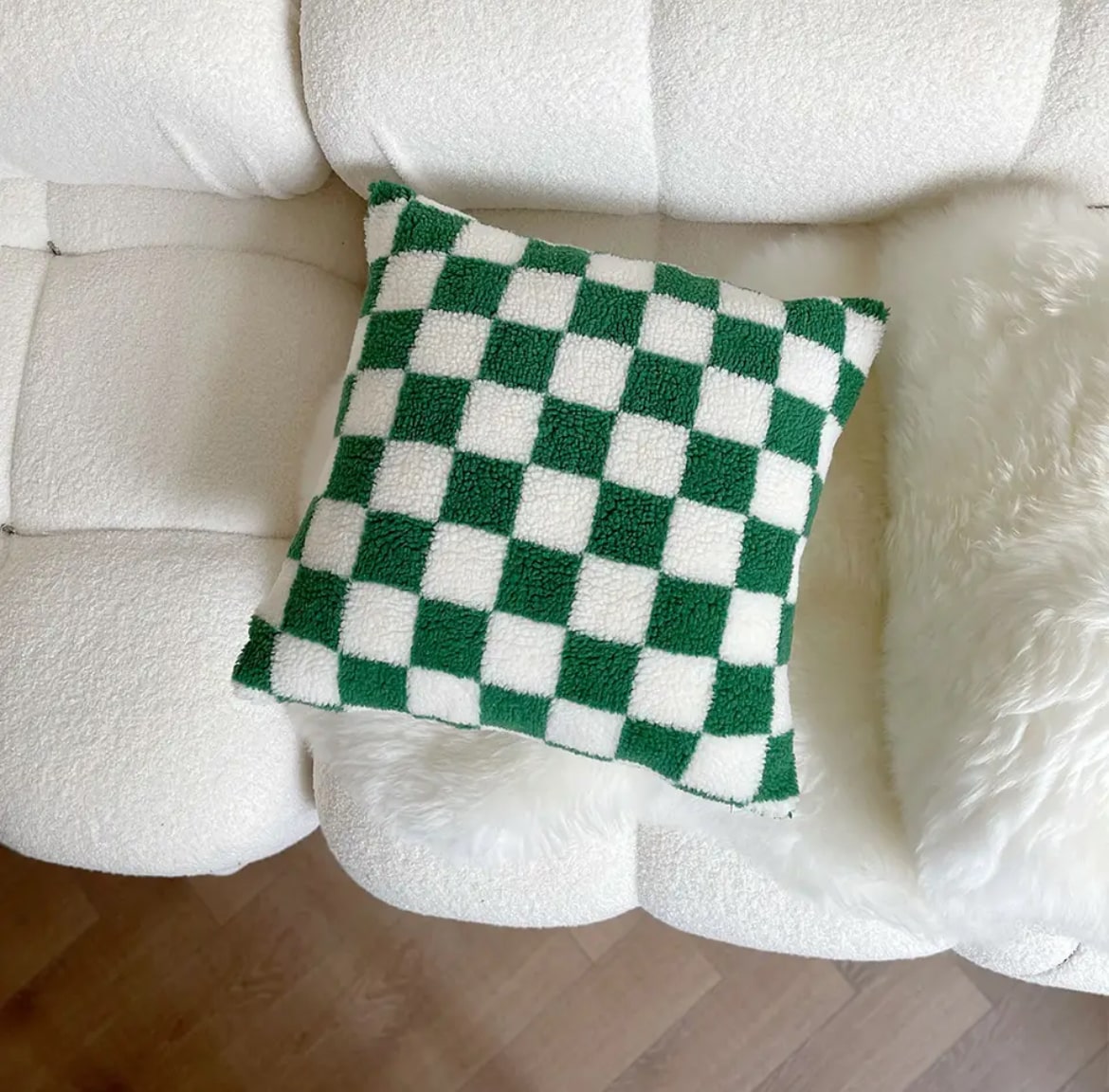 Retro plaid lamb fleece pillow cushion cover in green, enhancing the cozy ambiance of sofa decor