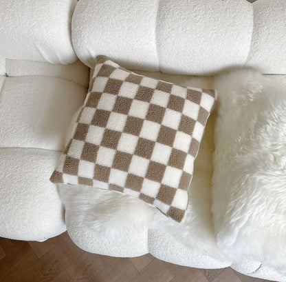 Brown lamb fleece checkerboard pillow cushion cover, adding a cozy retro touch to sofa decor