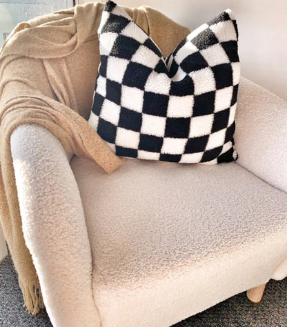 Vintage-style lamb fleece checkerboard pillow cushion cover in black, ideal for retro-themed interiors