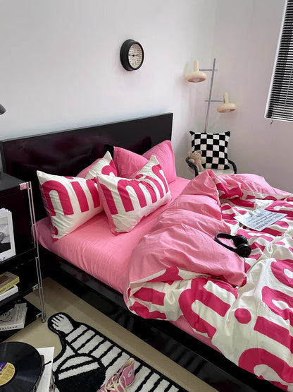 Korean Pink Letter Bedding Set Feelz