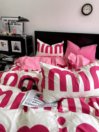 Korean Pink Letter Bedding Set Feelz