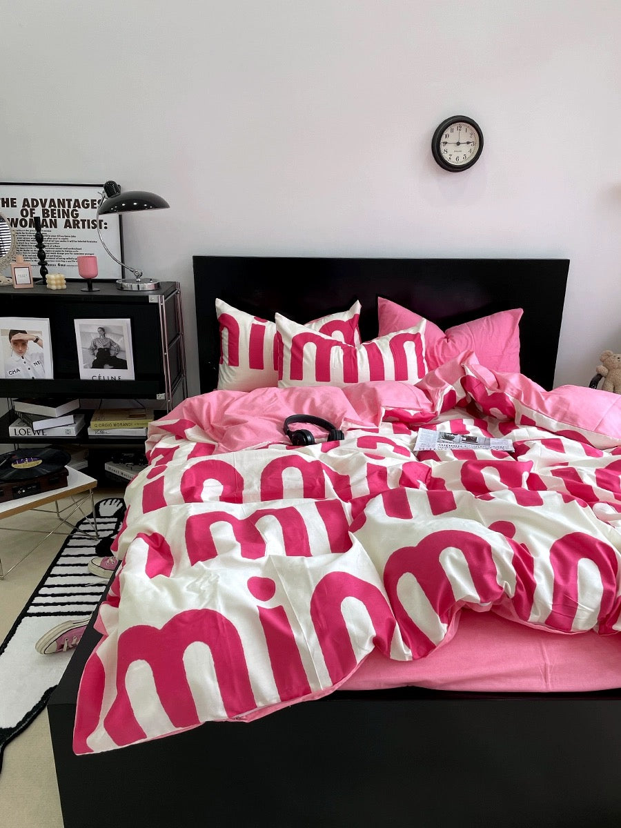 Korean Pink Letter Bedding Set Feelz