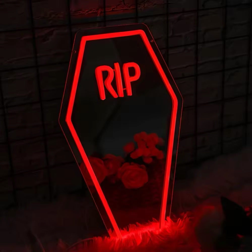 USB-powered RIP coffin neon mirror, perfect for Halloween parties