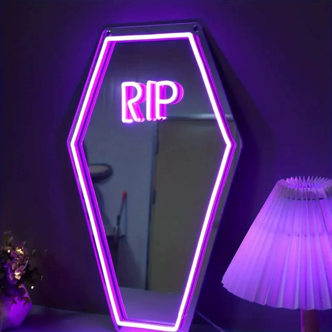 Purple RIP coffin neon sign for Halloween and everyday goth decor