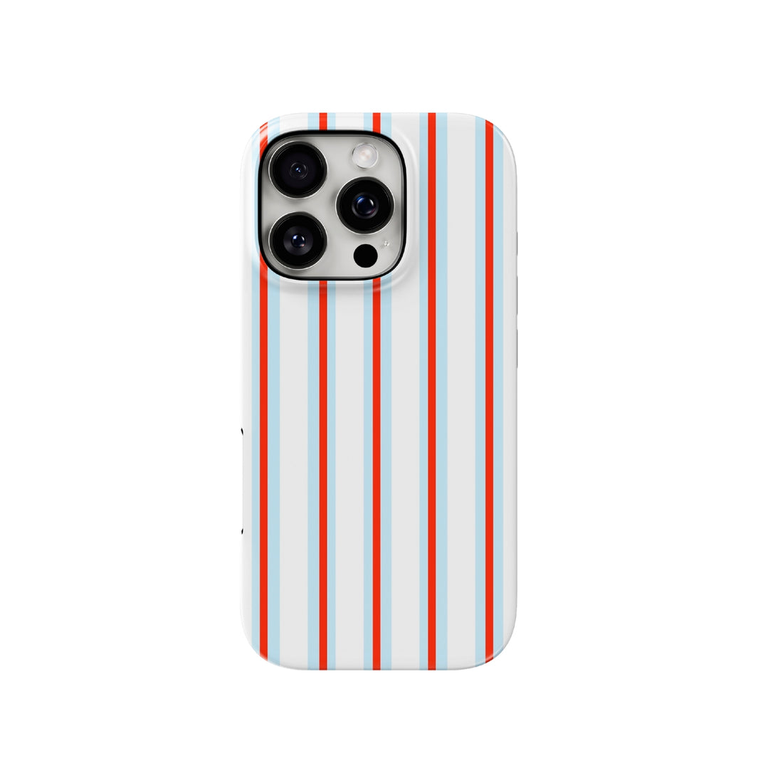 Phone case with red and blue vertical stripes on a white background
