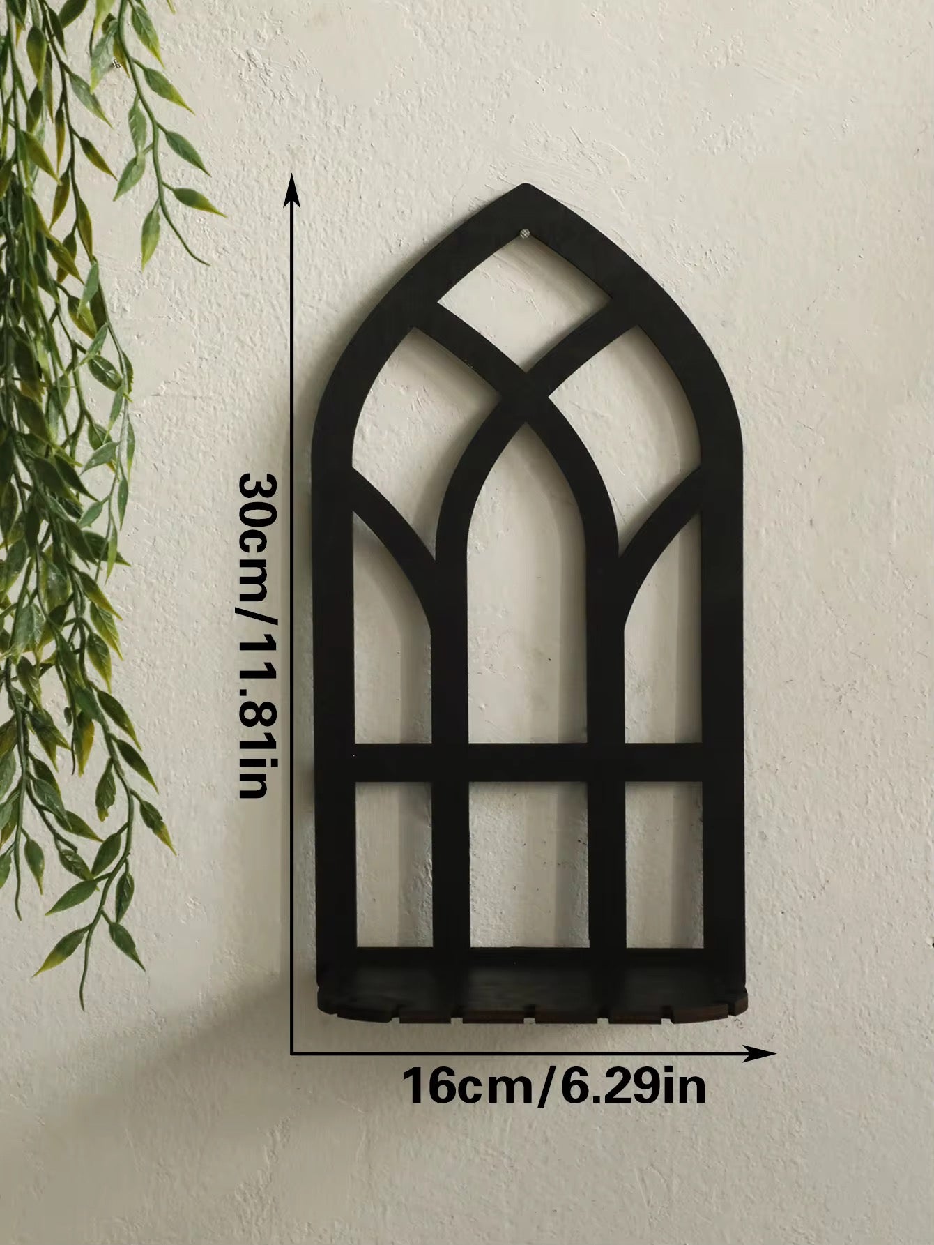 Gothic wooden arch shelf for plants, candles, and decor