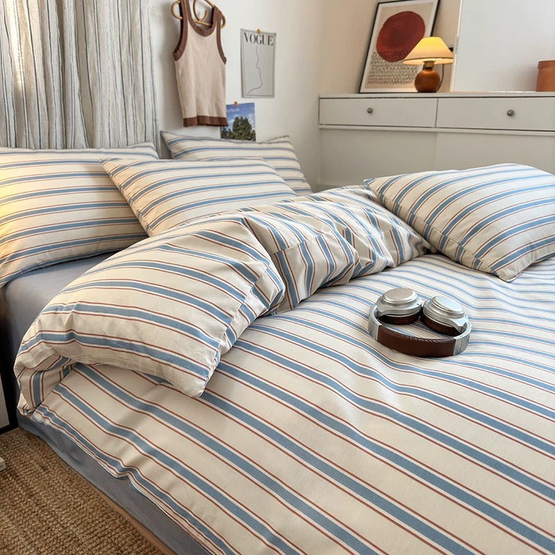 Blue Striped Cotton Bedding Set – Korean Minimalist