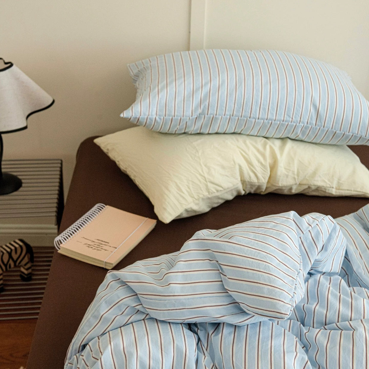 Aesthetic Blue & Brown Striped Duvet Cover Set for Dorm & Bedroom – The