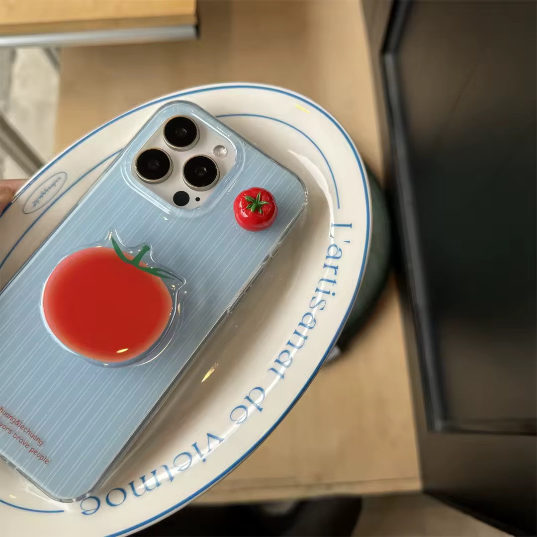 Korean cute iPhone case featuring tomato pop stand and blue design.