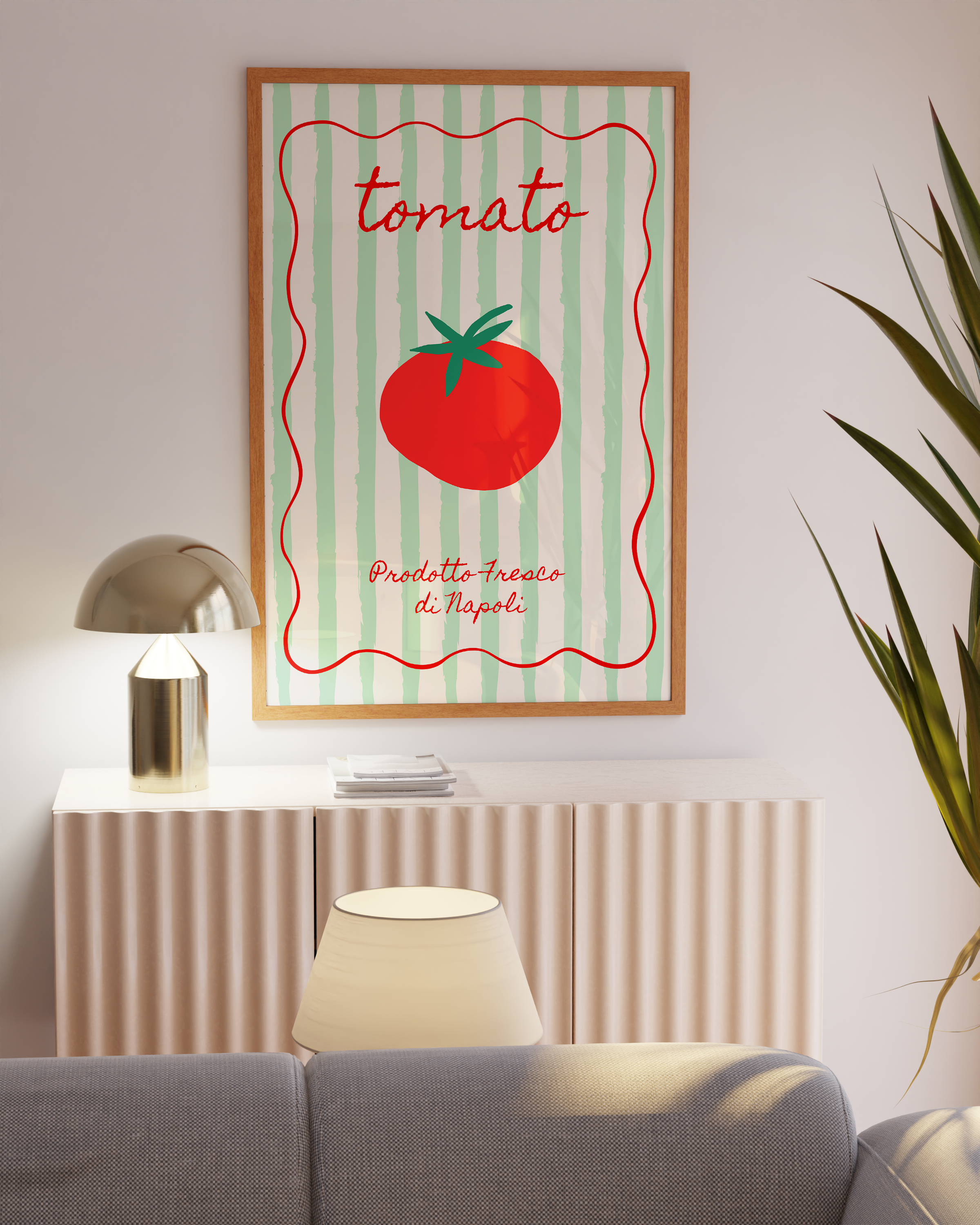 Tomato artwork with vintage-style stripes and handwritten type.