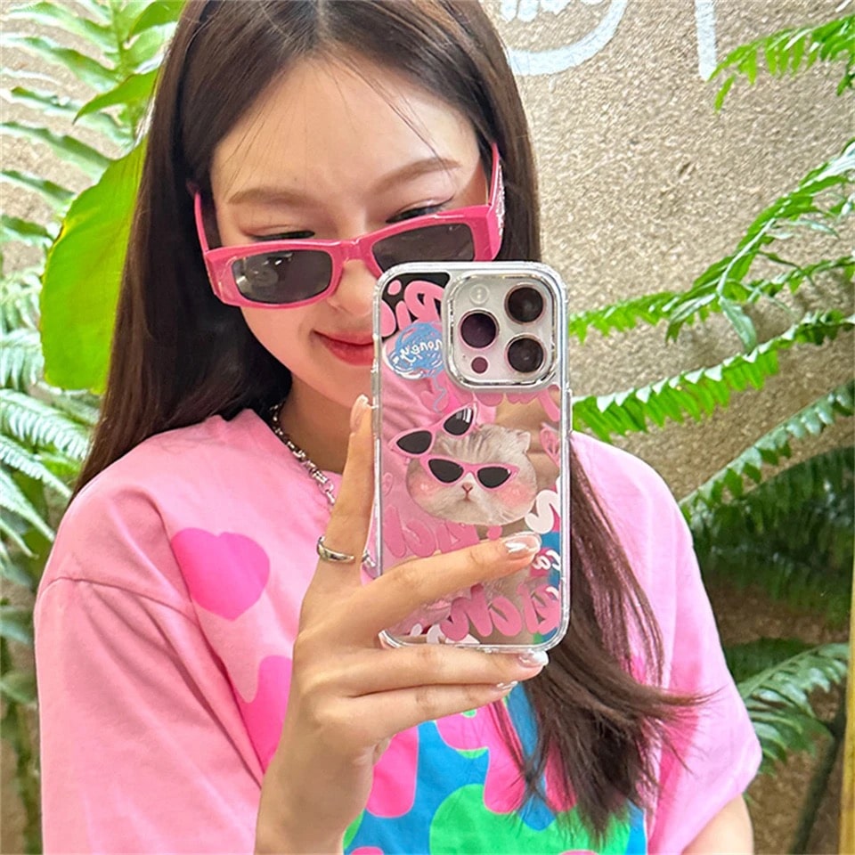 Aesthetic Cat Mirror Case for iPhone 14 with pink kitty