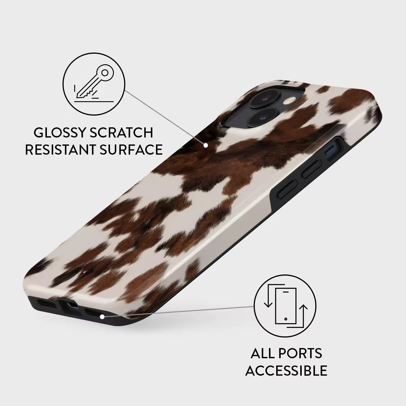 Stylish farmcore cow print phone cover for iPhone 15