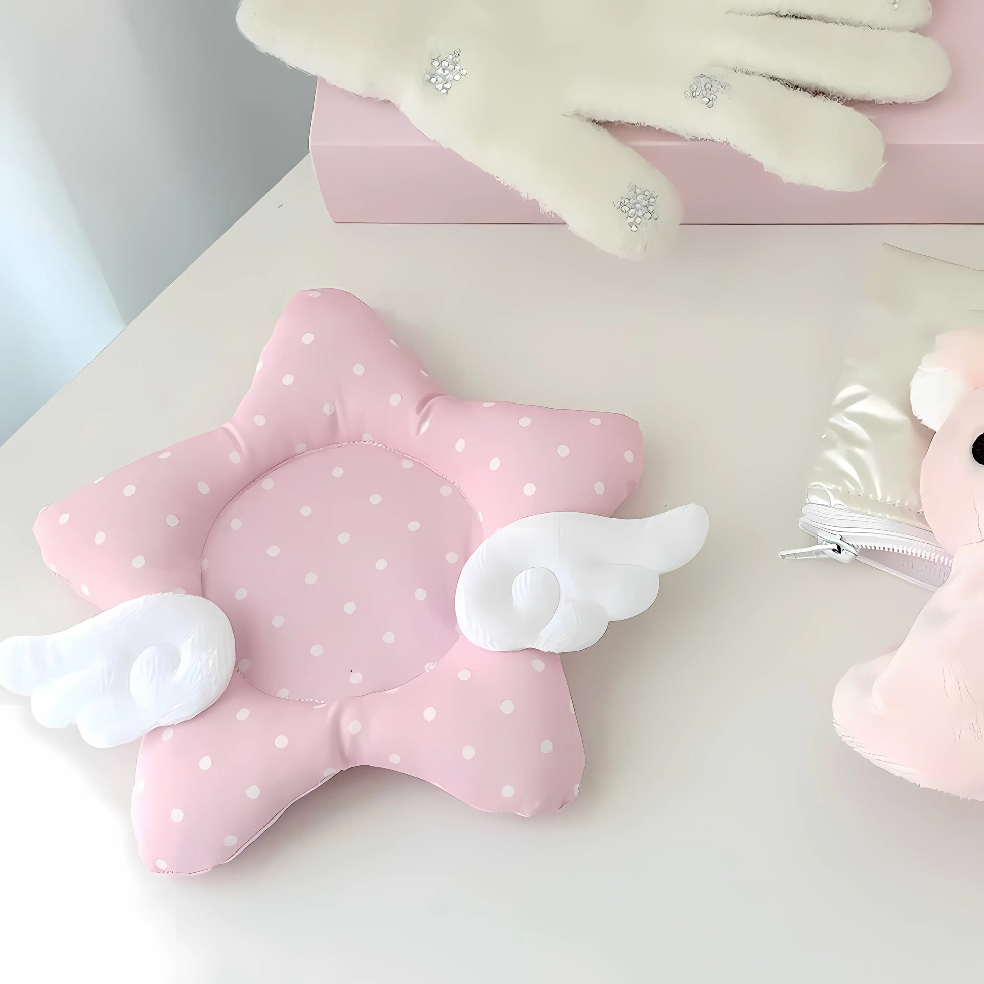 Soft plush kawaii coaster for mugs, pastel blue with white dots.