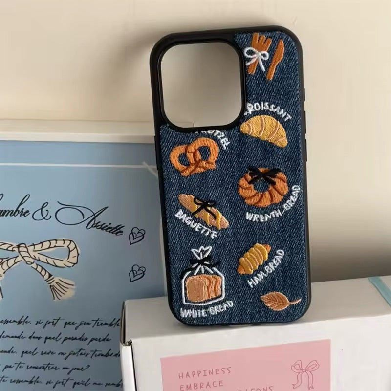 Cartoon food iPhone cover with croissant embroidery
