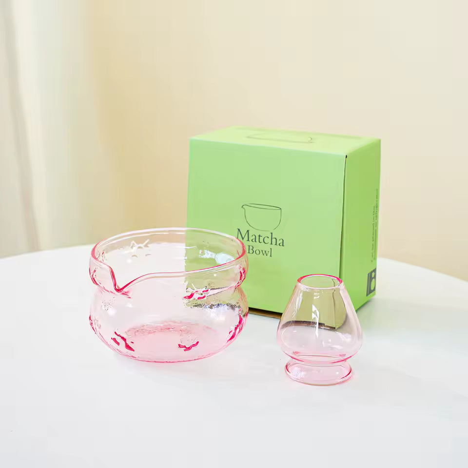 Pastel glass matcha tea set displayed with whisk scoop holder for minimalist kitchen decor lovers