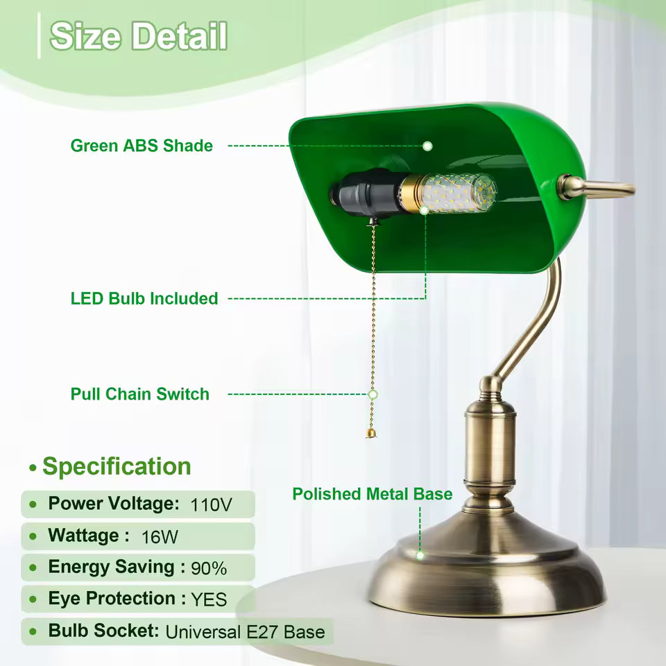 Green desk lamp with specifications on a white background