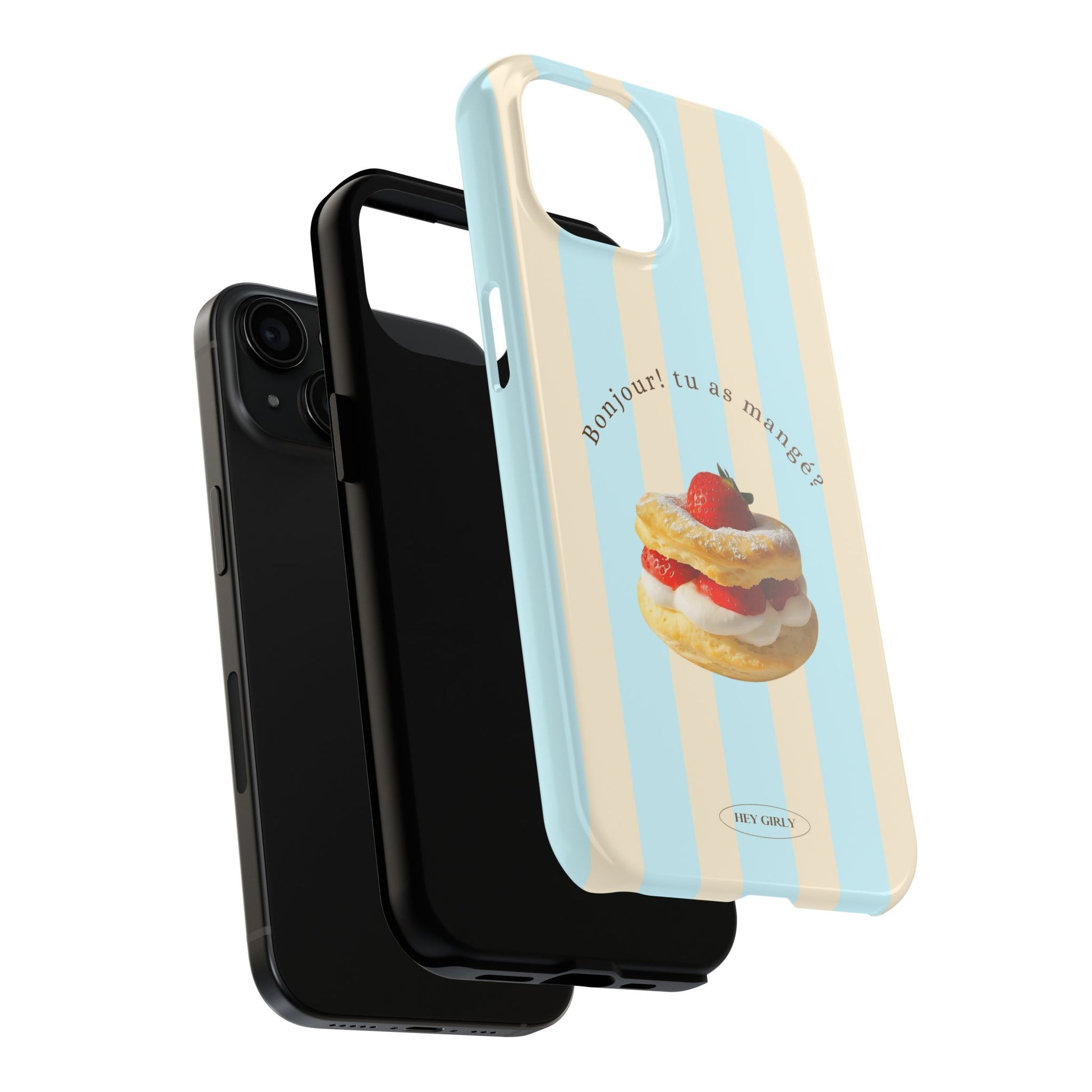 Phone case with a dessert illustration and text on a white background