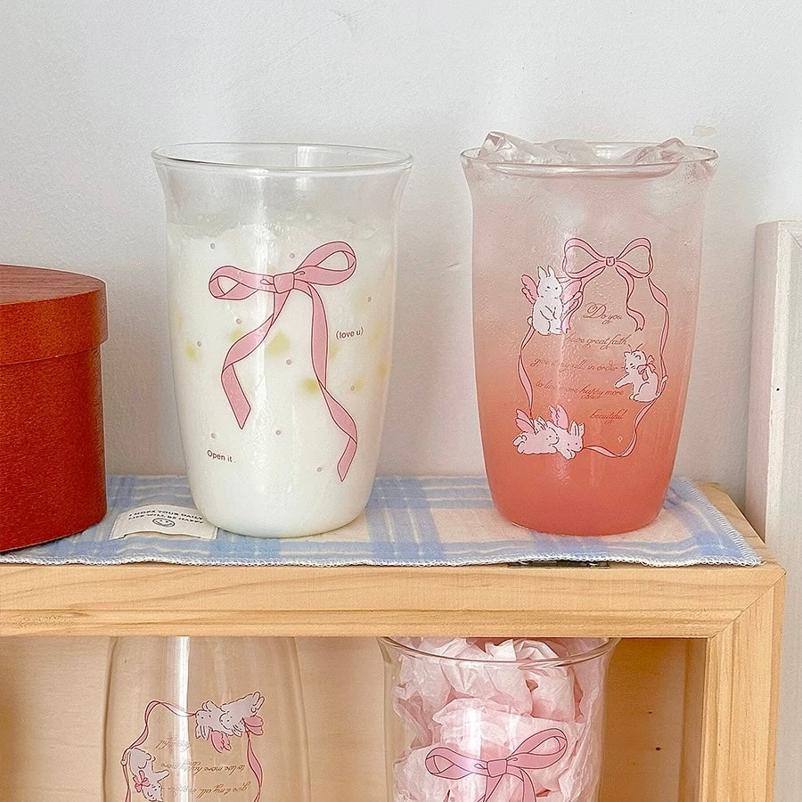 Pink bowknot design glass tumbler for coffee lovers