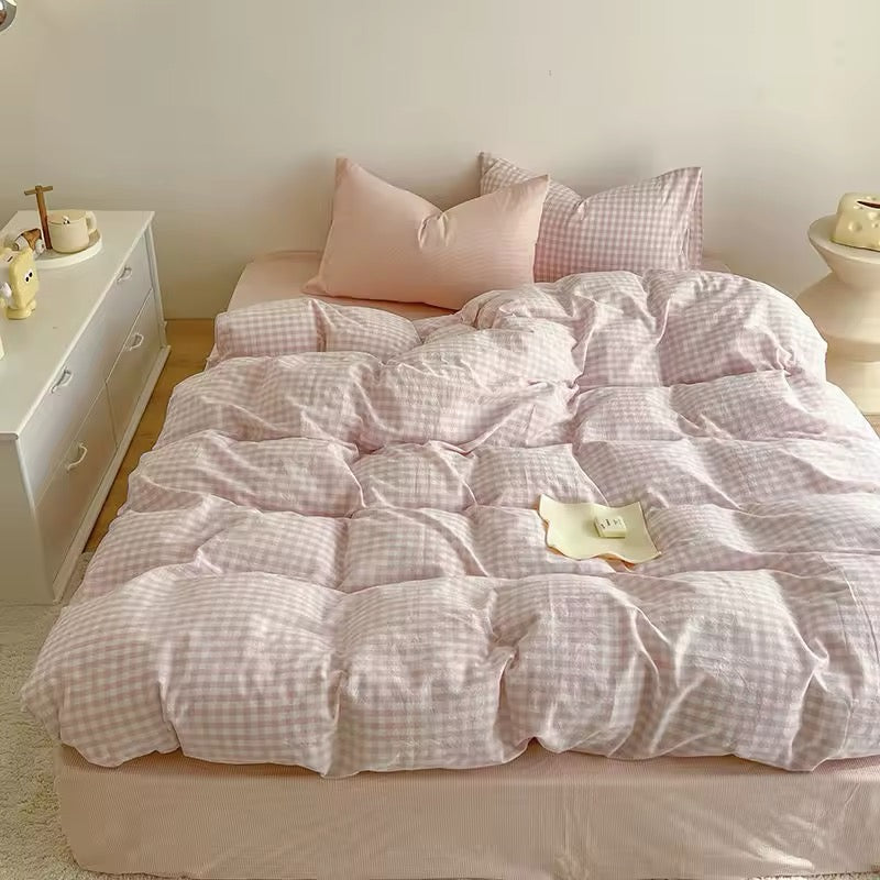 Pink plaid bedding set for cozy coquette-inspired bedroom decor