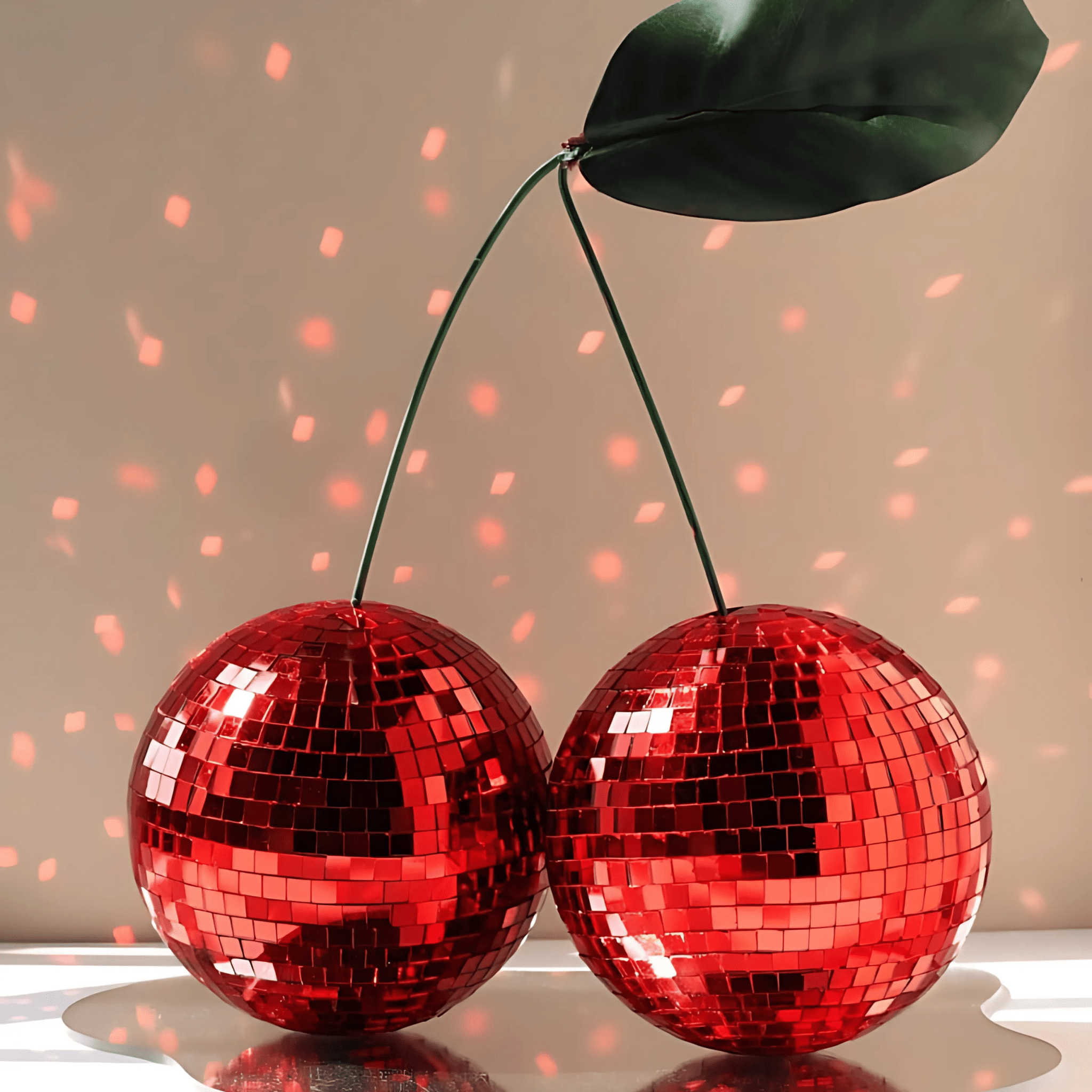 Soft girl room with red cherry disco ball centerpiece