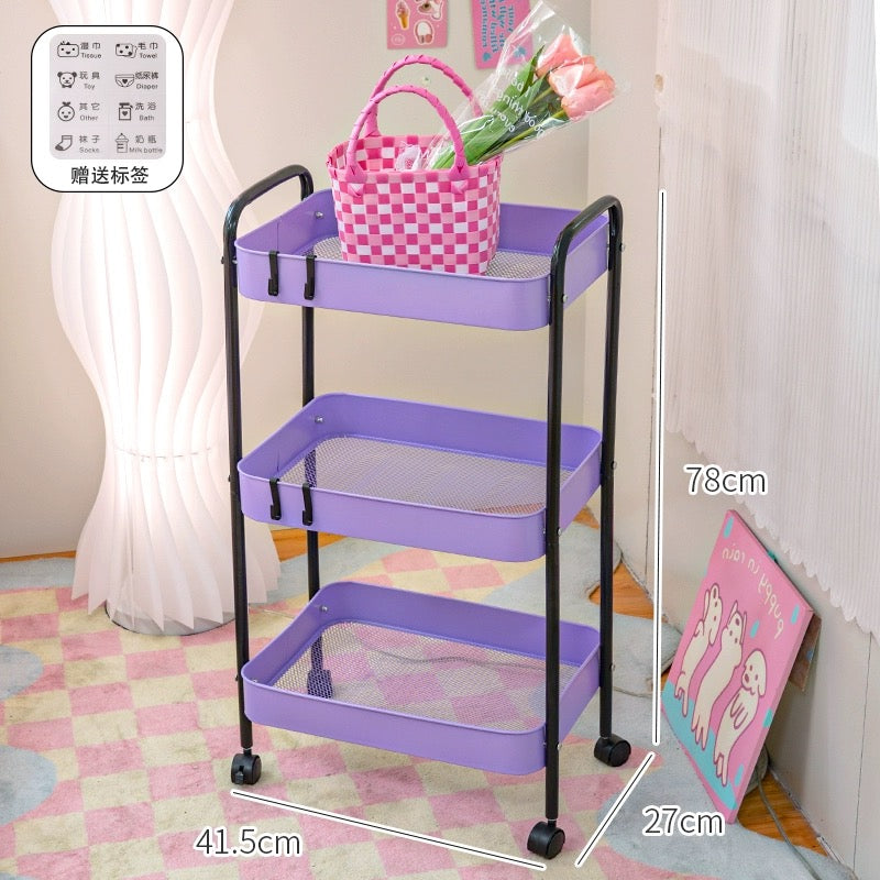 Lightweight pink rolling shelf for snacks and toiletries