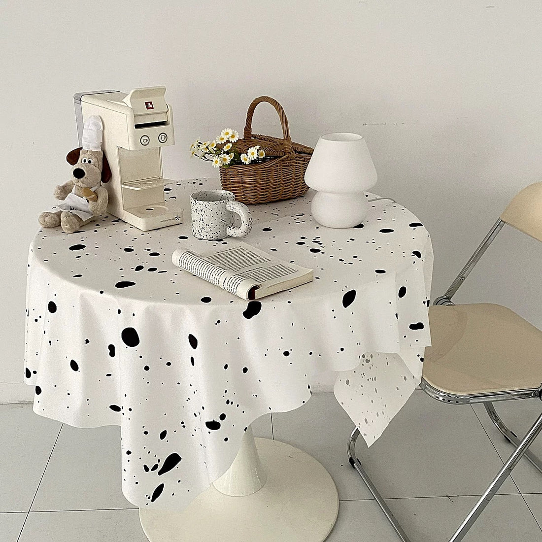 Aesthetic ink splatter tablecloth in black and white for dining decor