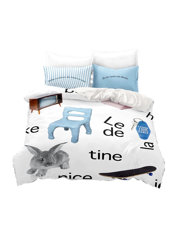 Animal print duvet cover with blue rabbit artwork on a white background