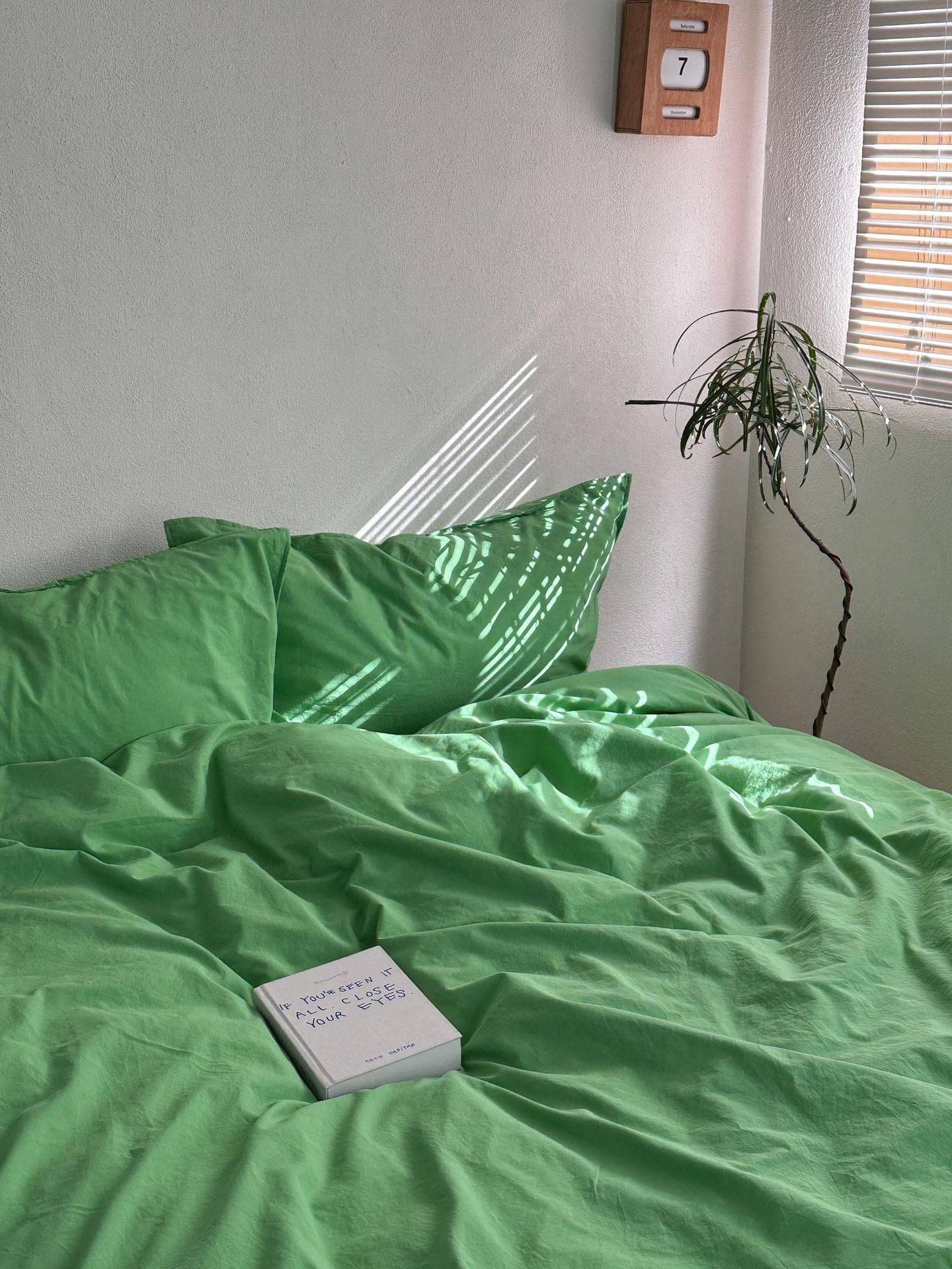 A bed made with bright green bedding and matching pillowcases in a softly lit bedroom. Sunlight streams across the duvet, with a small book resting on the bed and a potted plant near the window.