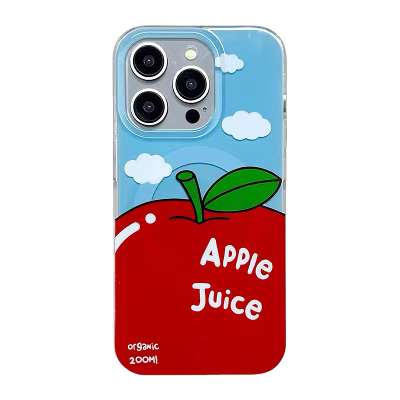 Phone case with an apple design and 'Apple Juice' text on a blue sky background