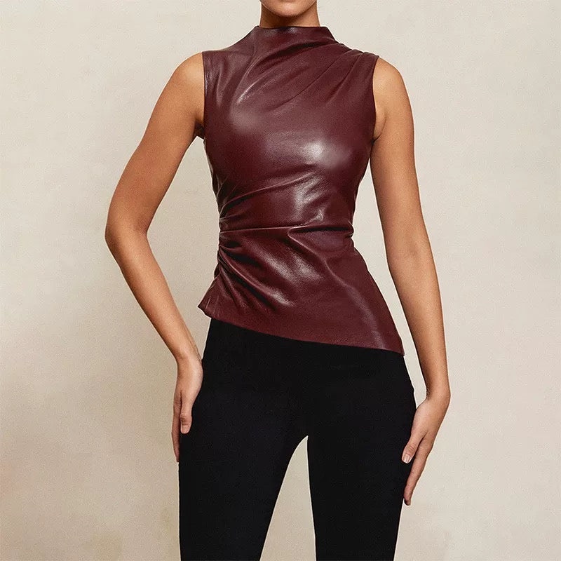 Trendy Y2K leather tank top with an edgy slash-cut hemline