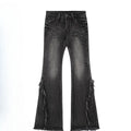 etailed shot of retro high-waisted denim, baggy fit with flare bottom