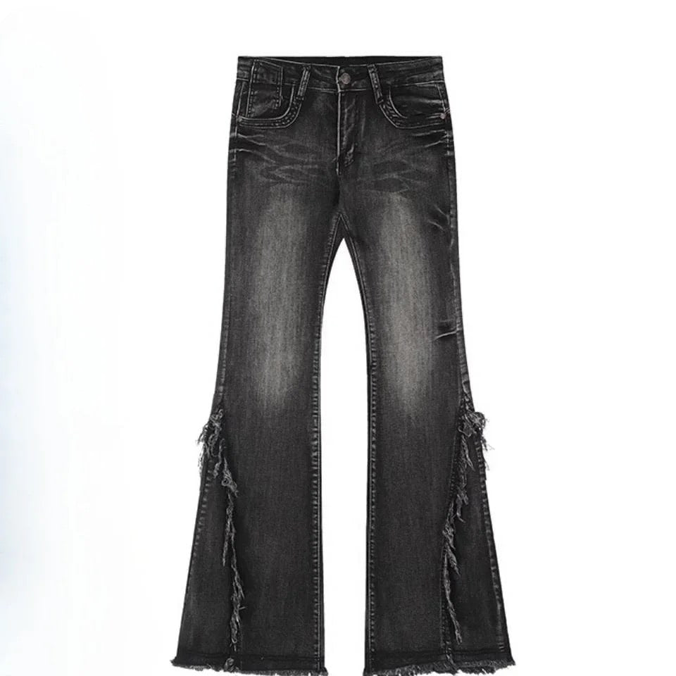 etailed shot of retro high-waisted denim, baggy fit with flare bottom