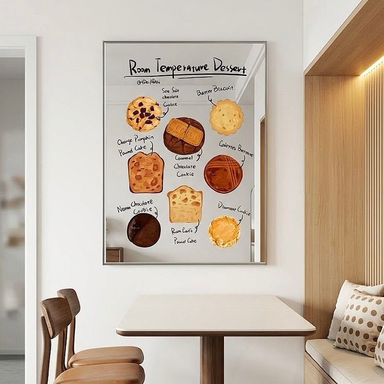 A framed wall art print featuring illustrated room-temperature desserts with handwritten labels, displayed above a dining table in a modern interior setting.