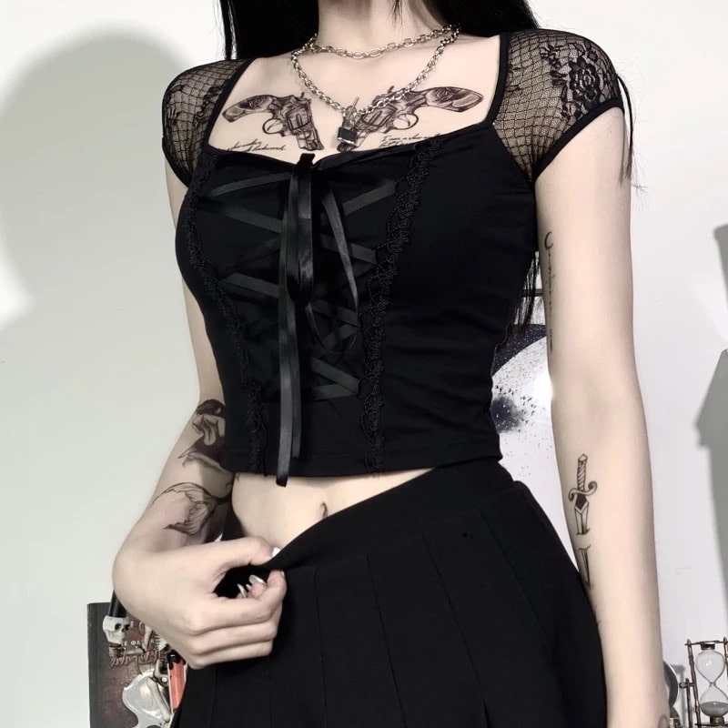 トップス andwang Coquette Lace Ribbon Top black Lolita Black Top | Coquette Lace Bandage Tank Top – The Feelz