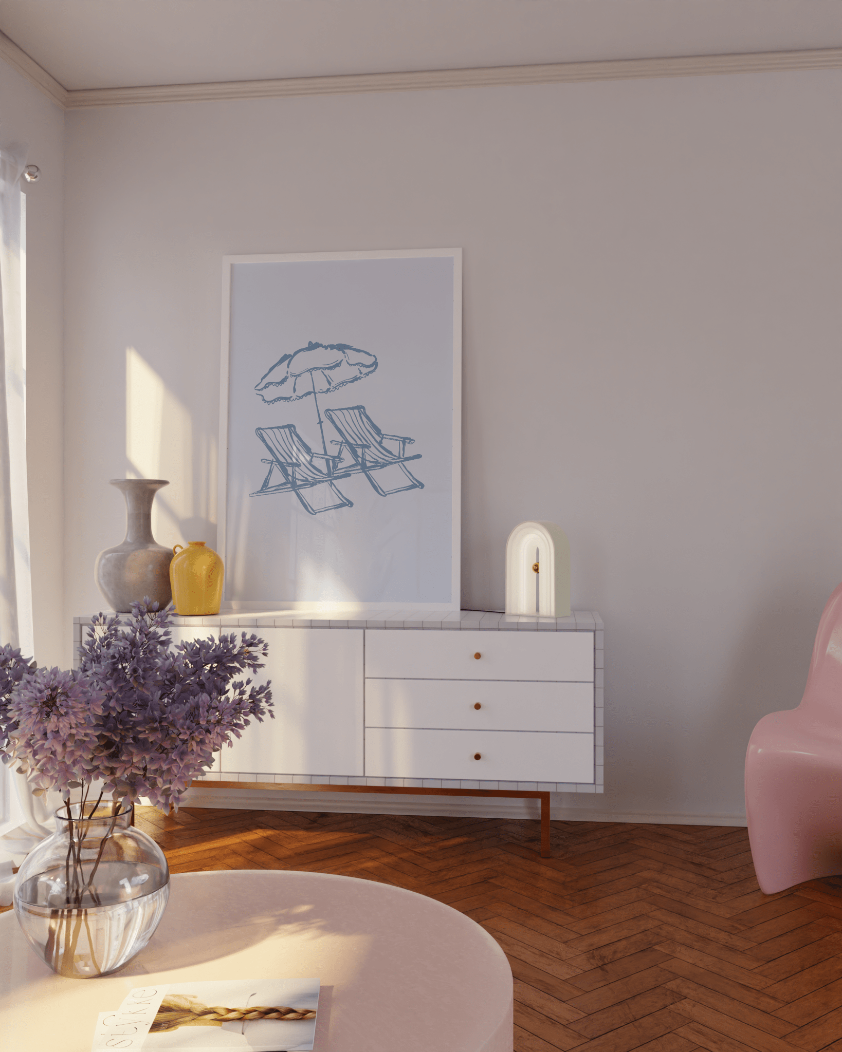 Printable wall art set featuring aloha quote, beach shells, and deck chairs for dopamine decor.