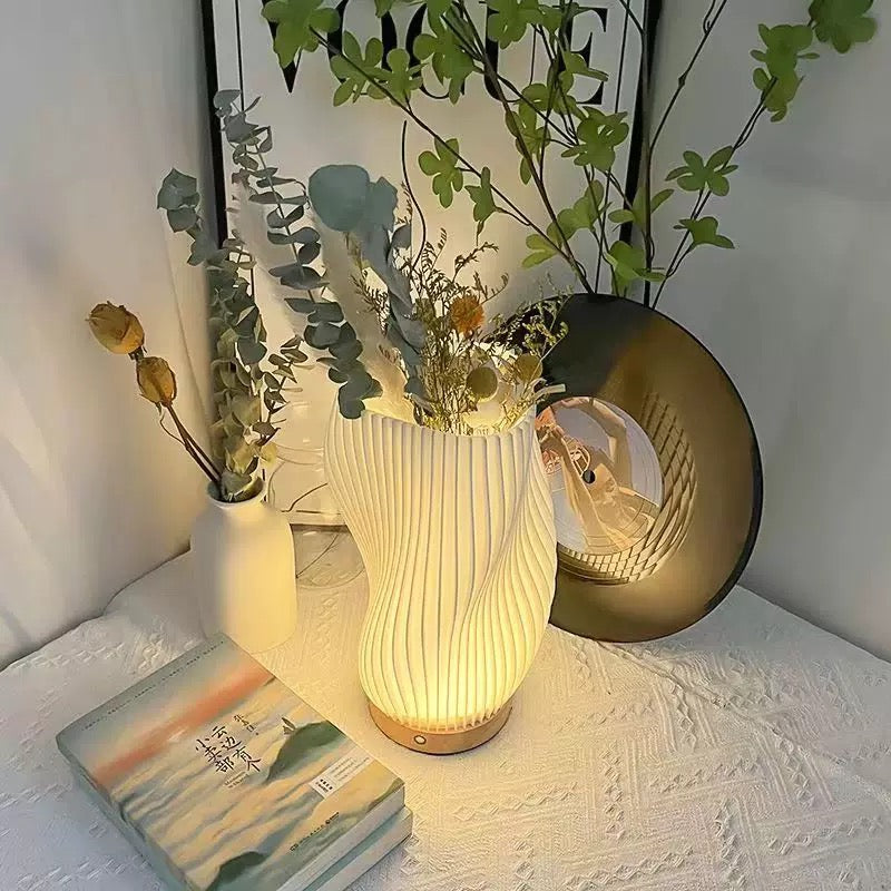 Modern desk lamp with striped lampshade and wooden base. USB charging and touch dimming for bedside or Nordic room decor.