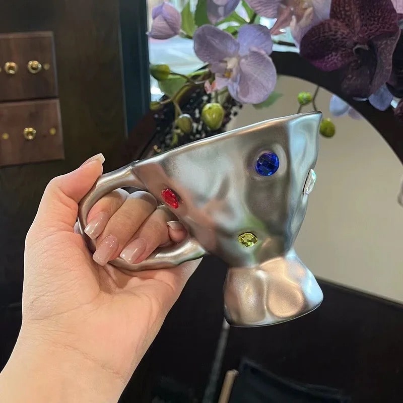 Silver coffee mug with gems for aesthetic kitchen spaces