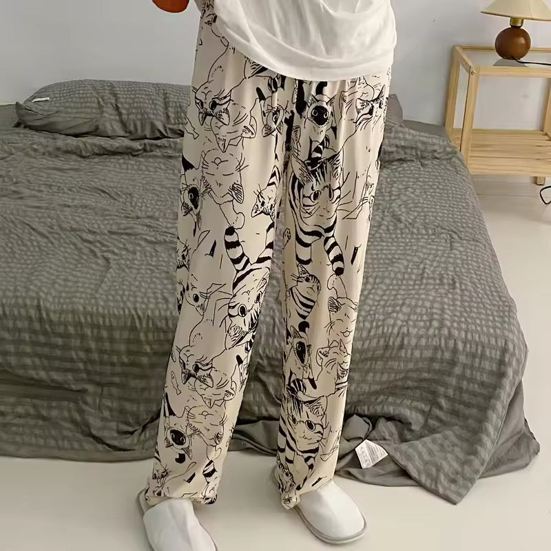 Loose wide-leg cartoon cat pajama pants for casual loungewear