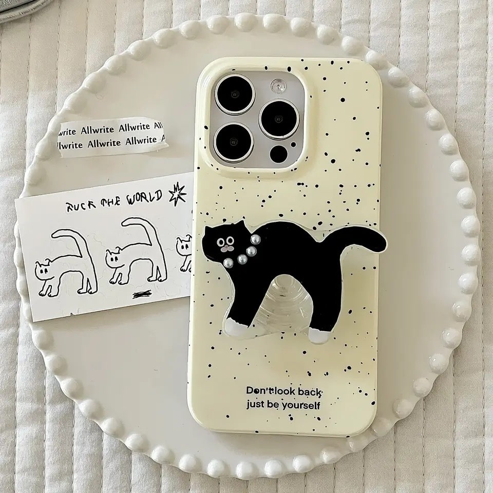 Black Cat Cartoon iPhone Case with coquette aesthetic design