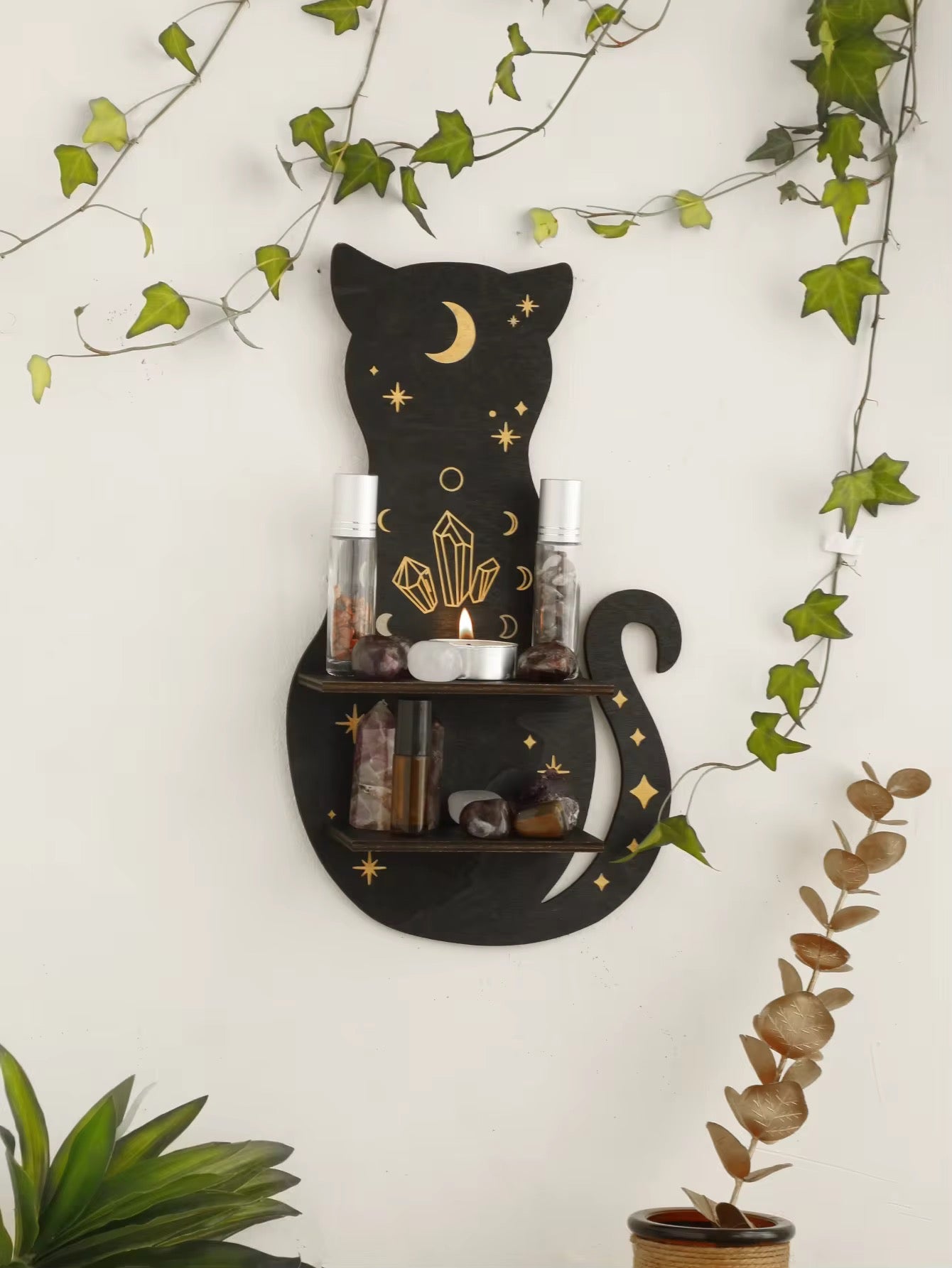 BLACK CAT　壁飾り棚 Black Cat Wooden Shelf – Witchy Crystal Holder, Vintage Decor